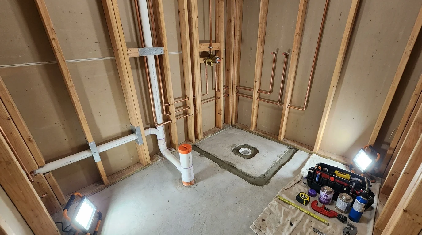 Bathroom rough-in plumbing during remodel by Johns Plumbing LLC in San Leandro