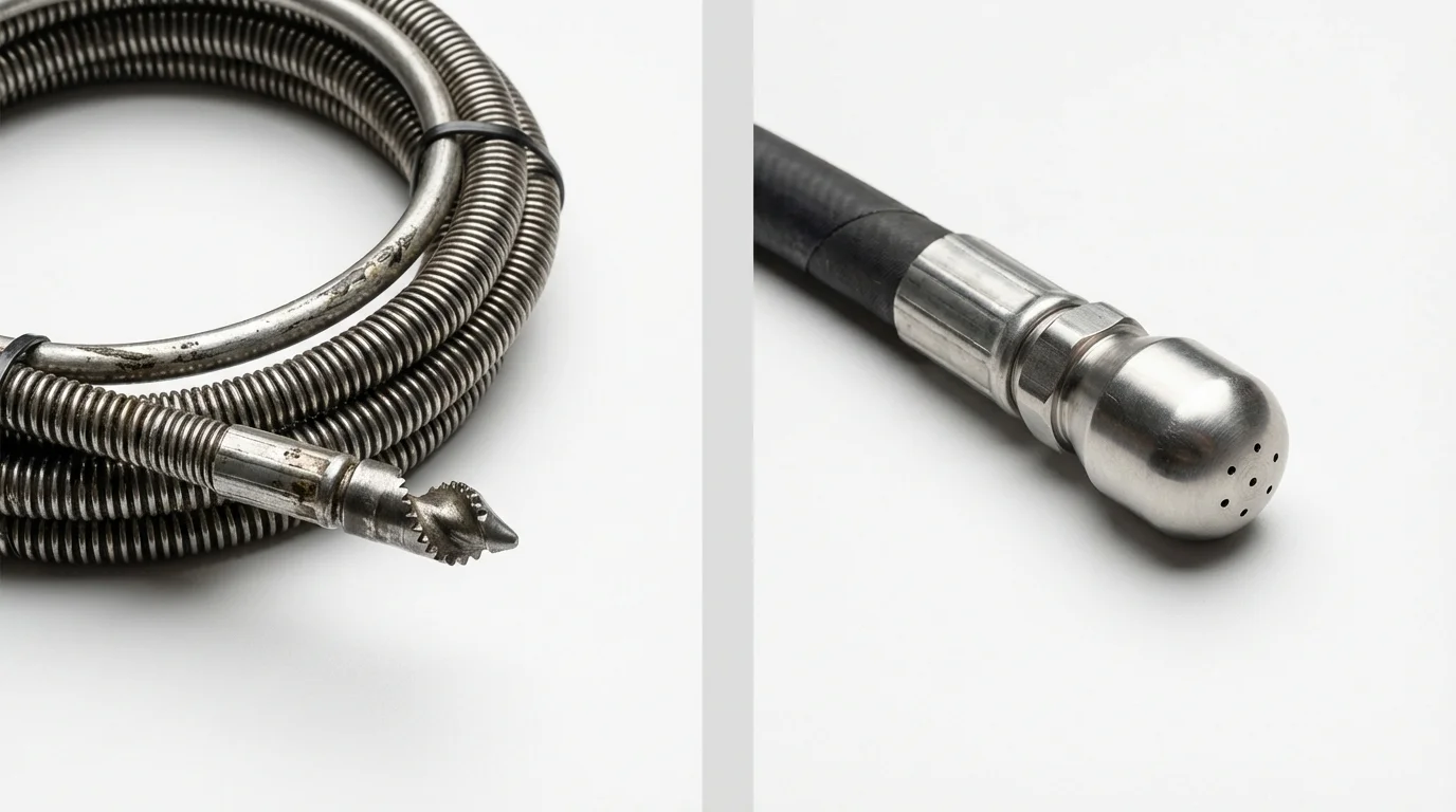 Drain snake cable and hydro jetting nozzle used for drain cleaning in San Leandro, CA