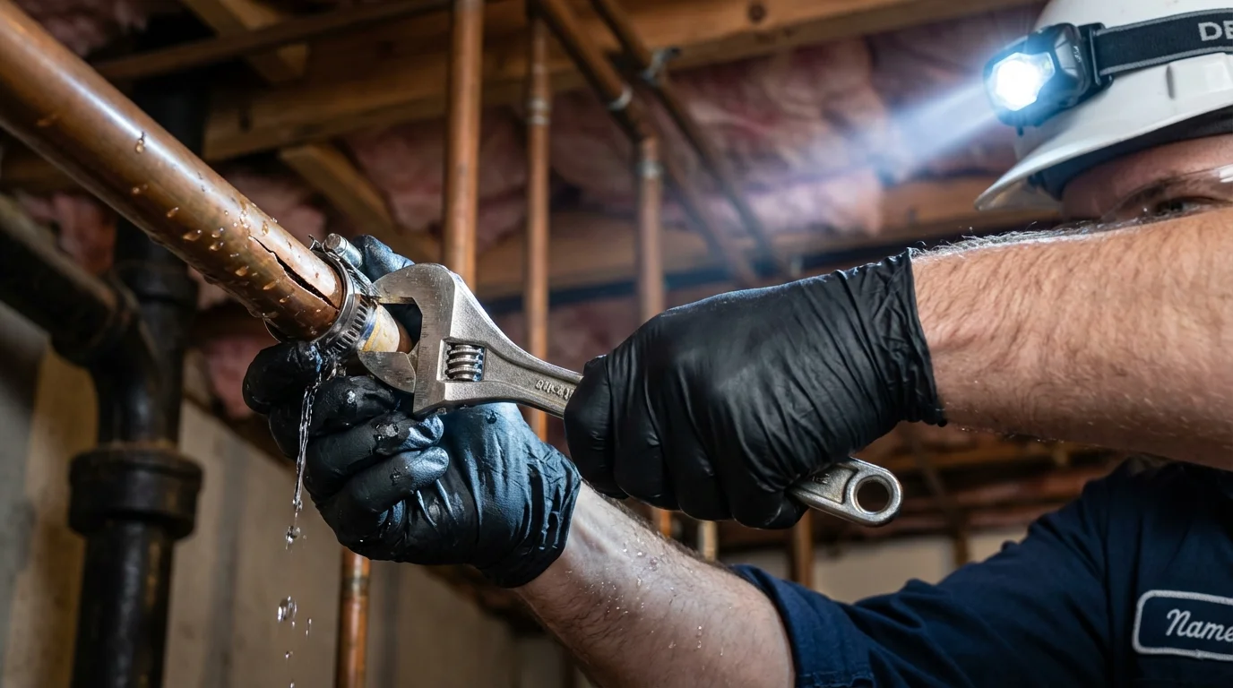 Emergency pipe clamp repair being performed by a Johns Plumbing LLC plumber in San Leandro
