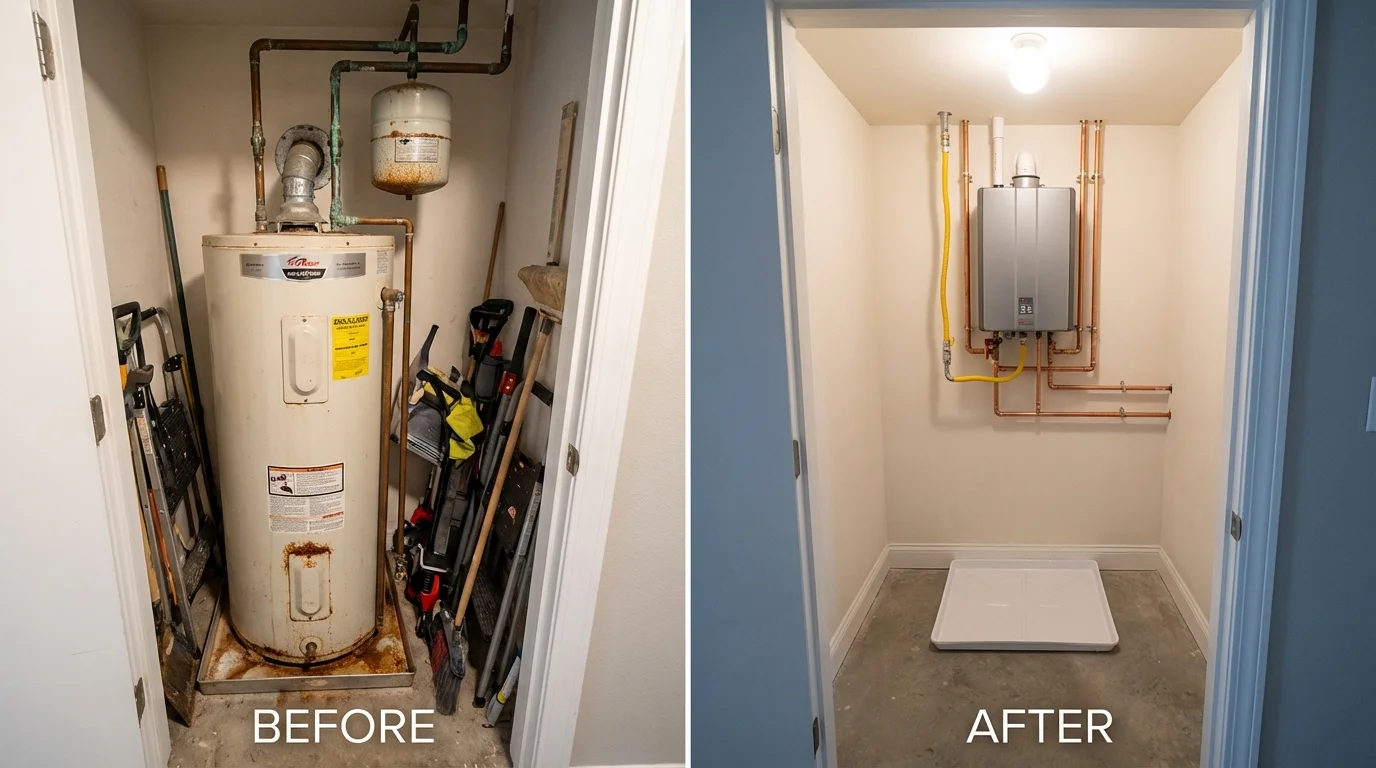 Tank water heater versus wall-mounted tankless unit comparison for San Leandro, CA homeowners